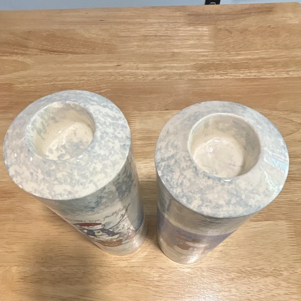 Pair of Cylindrical Snowman Themed Pillar Candle Holders